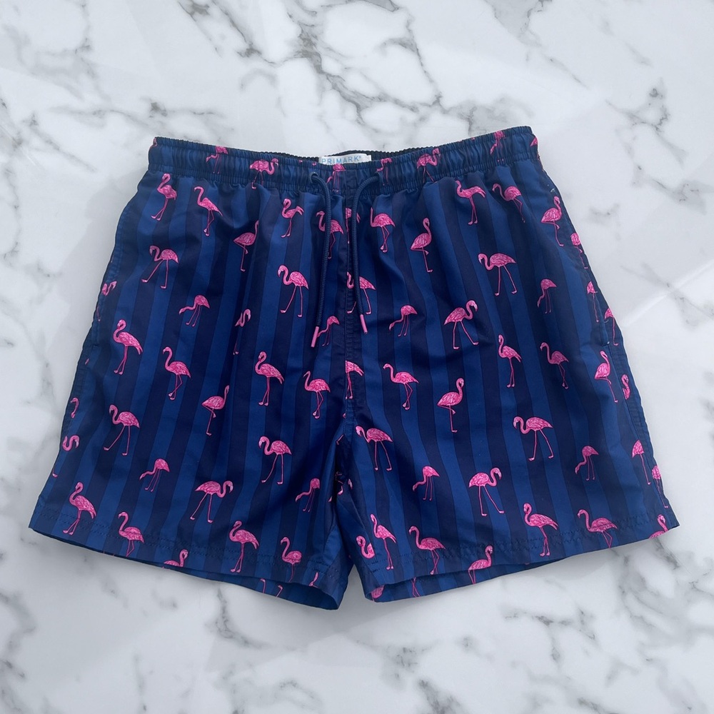 Flamingo Print Swim Short | Navy Stripe | 100% Polyester | Size: Medium